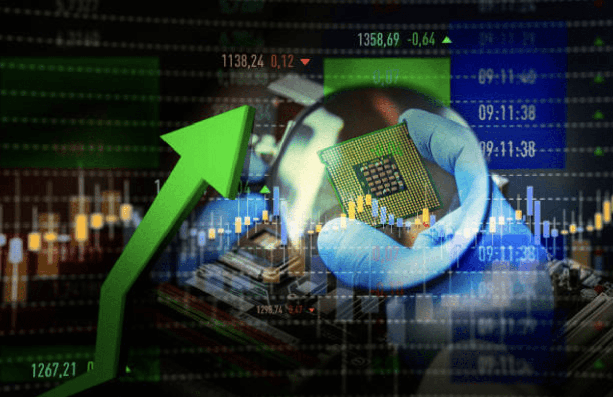 Person holding a chip in front of a stock market graph representing investment and financial analysis